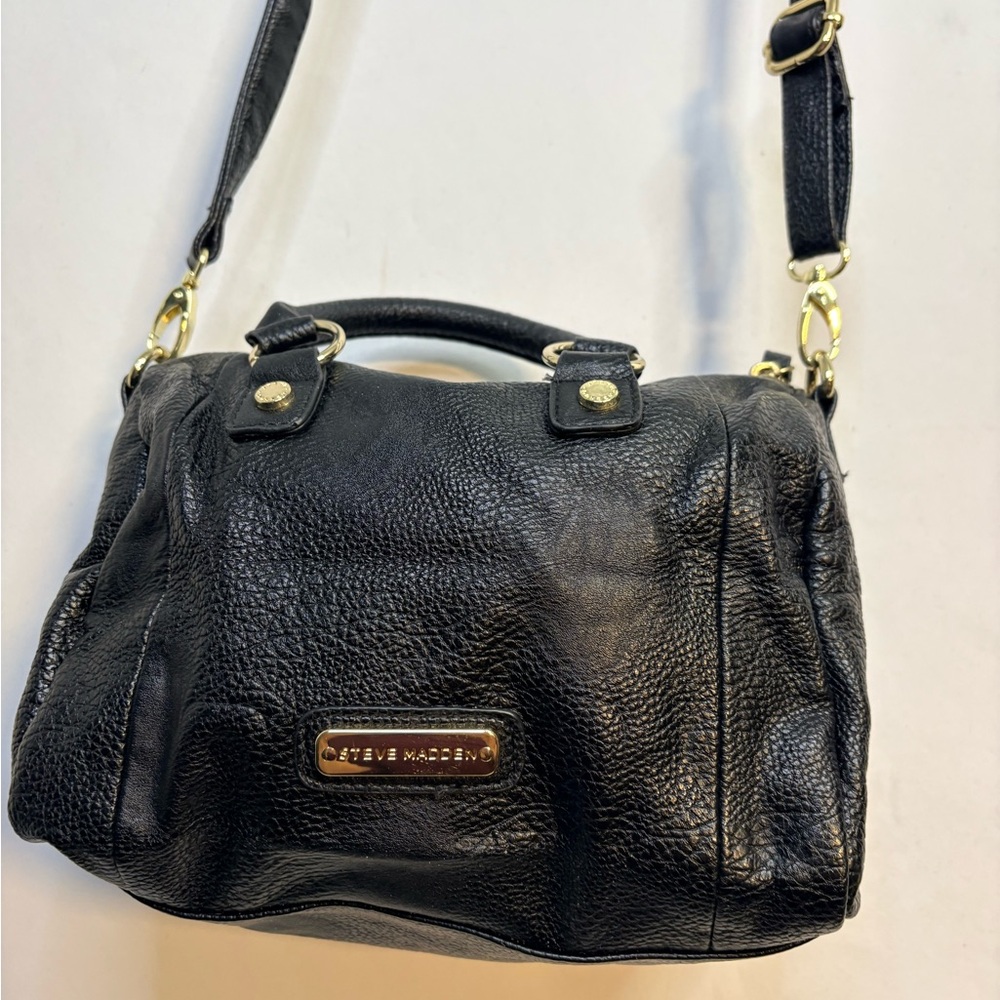 Steve Madden Black Pebbled Faux Leather Crossbody Satchel with Gold Hardware